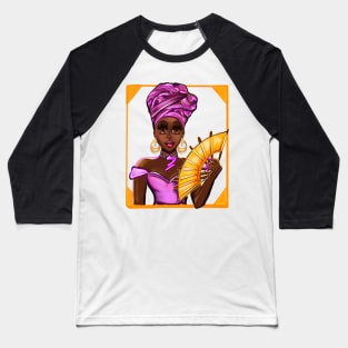 Queen Black is beautiful Anime Manga black girl with fan, Purple headdress, necklace, earrings, gold dress and head wrap, brown eyes and dark brown skin ! Baseball T-Shirt